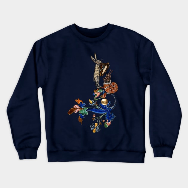 WEIRD MEDIEVAL BESTIARY MAKING MUSIC Harp Playing Hare,Snail Cat Crewneck Sweatshirt by BulganLumini